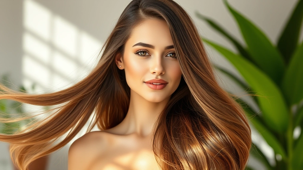 Woman with thick, shiny, healthy hair flowing in natural light, serene expression, standing in a wellness spa environment with soft lighting and greenery, photorealistic high-quality portrait