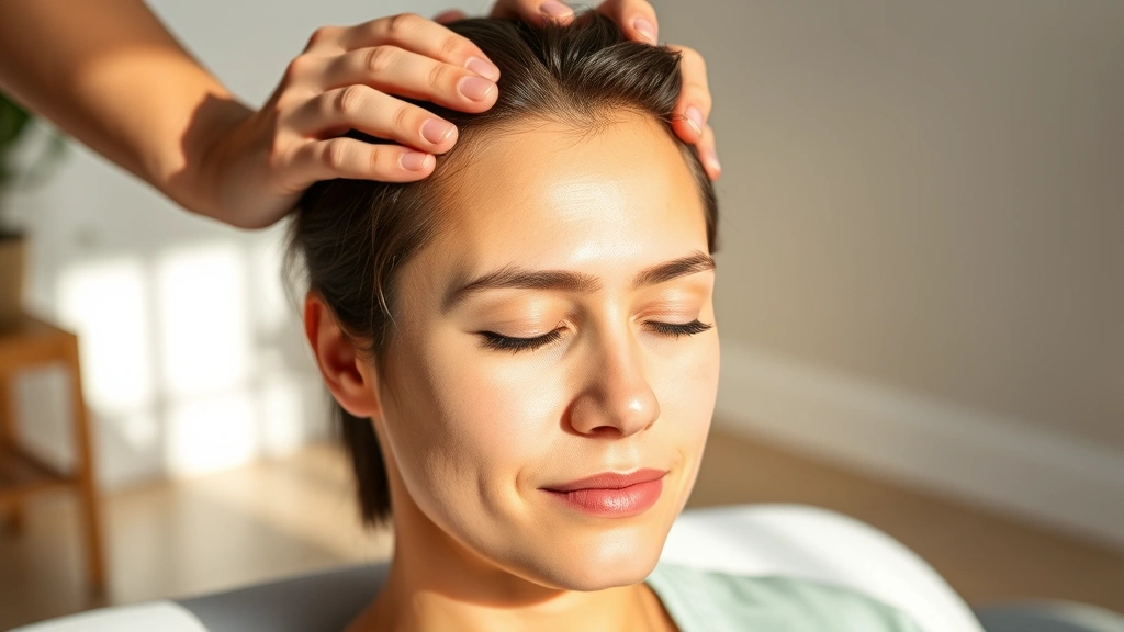 Person performing scalp massage with fingertips, relaxed expression, sitting peacefully in bright room, showing proper massage technique, natural lighting highlighting healthy scalp, wellness-focused composition