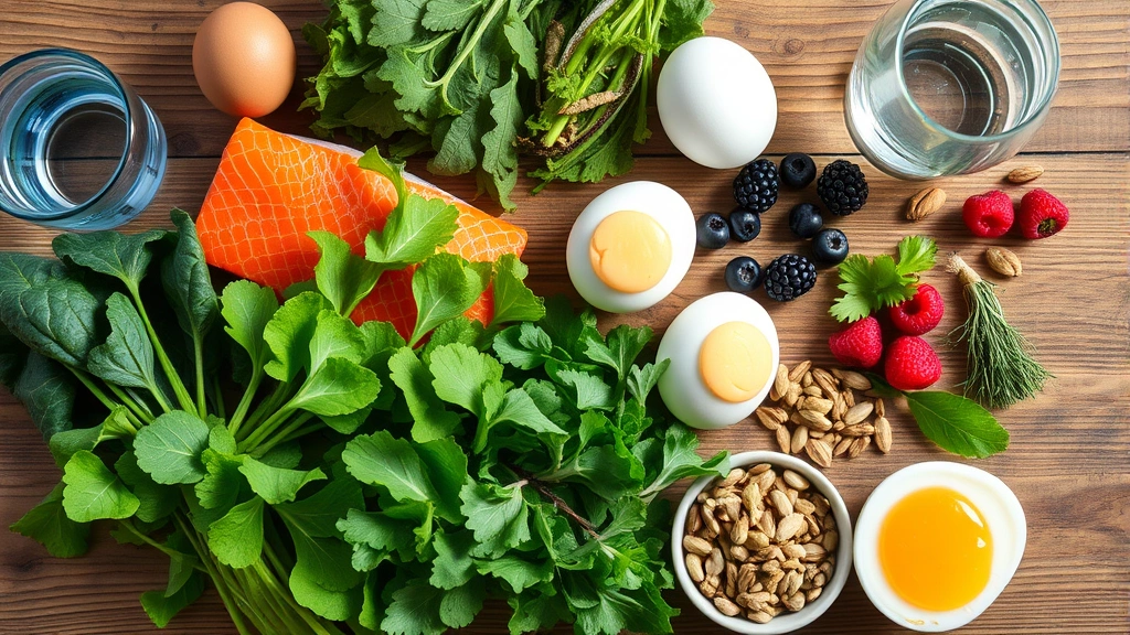 Overhead view of nutritious foods on wooden table: fresh leafy greens, salmon, eggs, nuts, seeds, berries, and water glass, vibrant colors, natural daylight, promoting healthy eating for hair growth, no text or labels visible