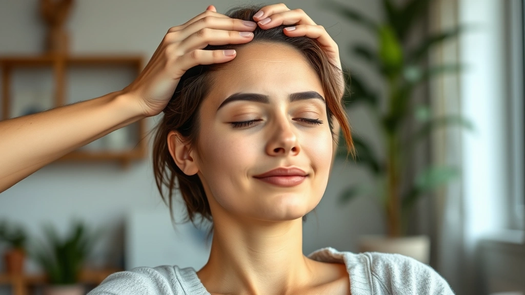 Person performing gentle scalp massage with eyes closed in relaxation, demonstrating hair care wellness routine, peaceful expression, natural indoor setting with soft window light, photorealistic