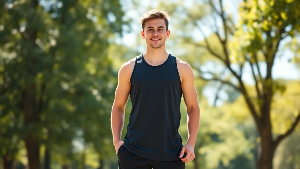 Young adult male in athletic wear standing with perfect posture in bright sunlight, confident expression, natural outdoor setting with trees in background, professional photography style