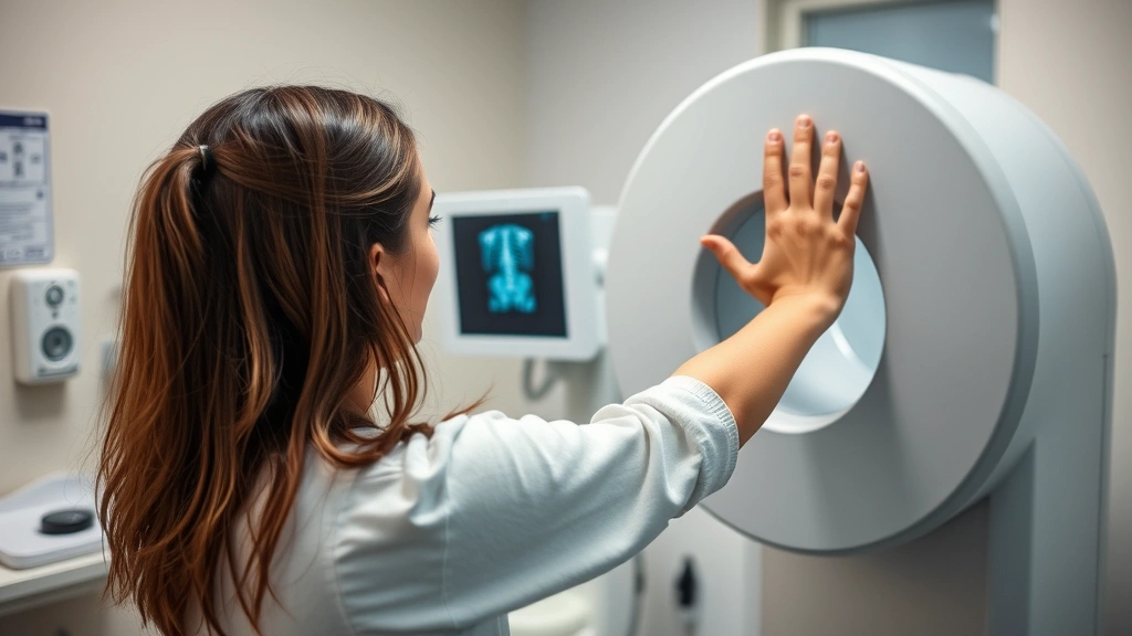 Female teenager receiving X-ray examination at medical clinic, radiographer positioning arm on imaging equipment, clinical but welcoming environment with soft lighting, genuine medical setting