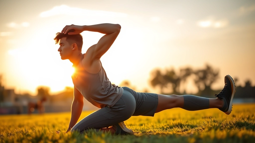 Male athlete performing stretching exercise outdoors on grass field during golden hour, demonstrating flexibility and spinal health, dynamic movement captured, healthy lifestyle aesthetic