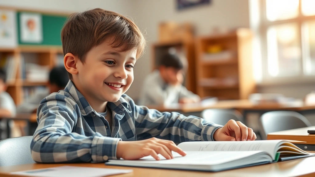 Young student at desk smiling while reviewing corrected assignment, warm lighting, focused expression showing engagement with learning process, natural classroom setting