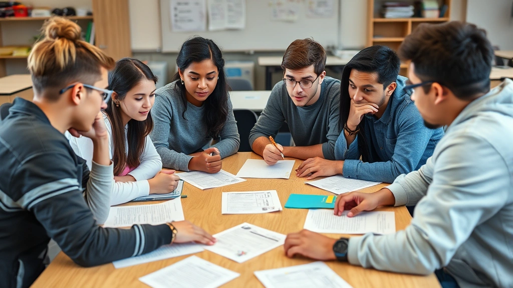 Diverse group of students collaborating around table, discussing work with thoughtful expressions, papers and notes visible, supportive peer learning environment captured naturally