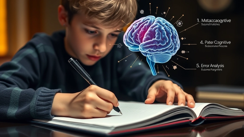 Student writing in notebook with concentrated expression, brain visualization subtly suggested through warm lighting, showing active metacognitive reflection and error analysis process