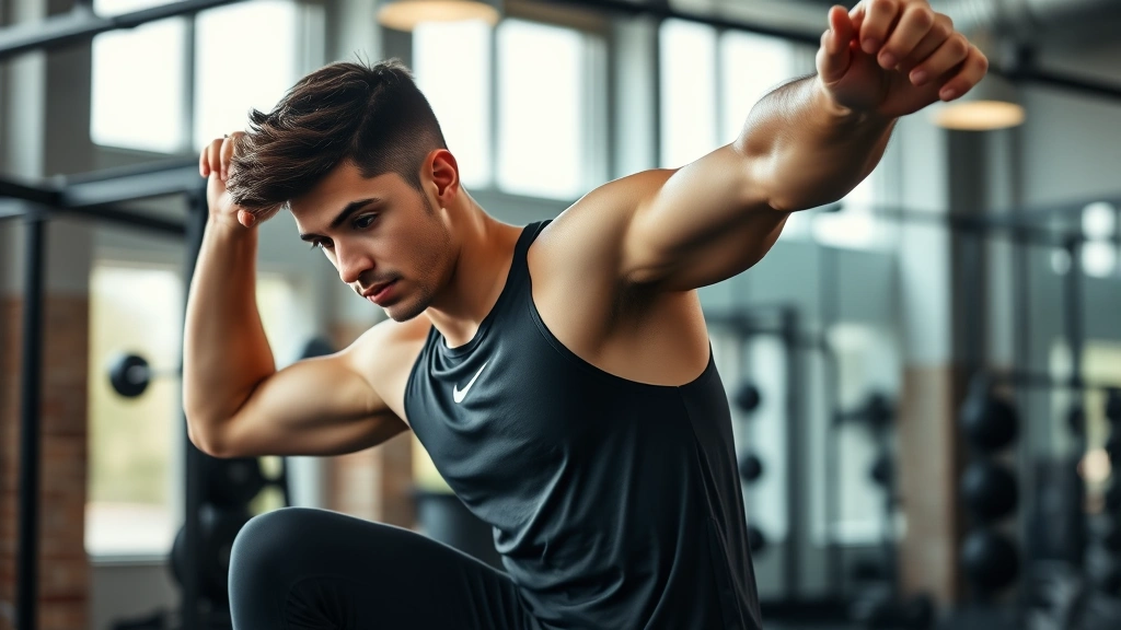 Young athlete stretching in modern gym with natural light, focused expression showing physical maturity and strength training dedication, athletic wear, motivational environment