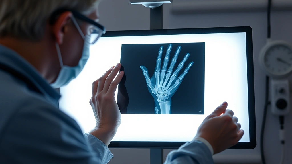 Medical professional examining X-ray of hand skeleton on lightbox, professional healthcare setting, showing growth plate analysis and diagnostic expertise