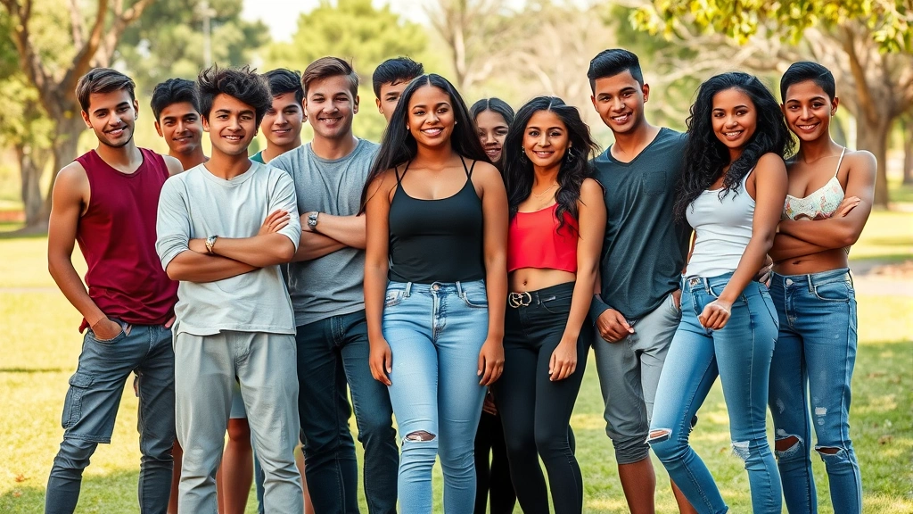 Diverse group of young adults in outdoor setting displaying confident posture and physical maturity, natural lighting, representing achieved skeletal development and readiness