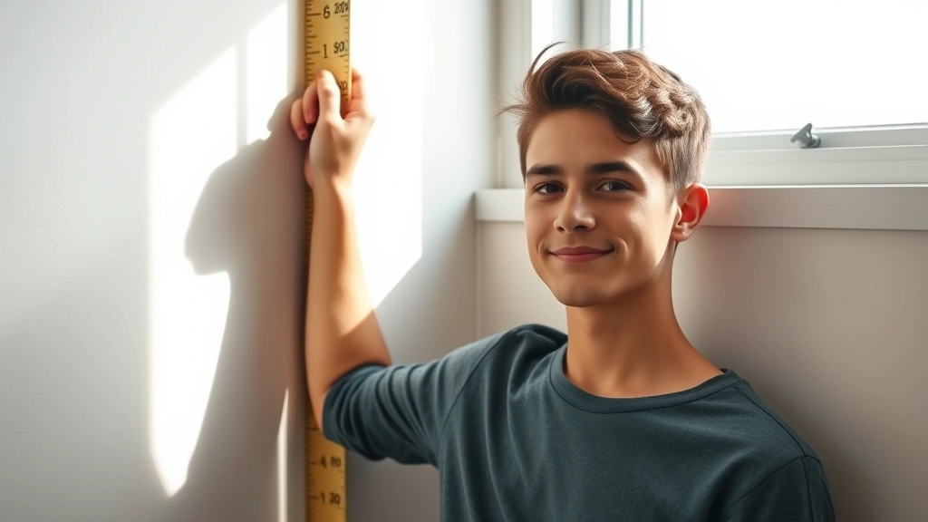 Young adult measuring height against wall with confident expression, natural lighting from window, showing posture and growth milestone moment, realistic and motivational