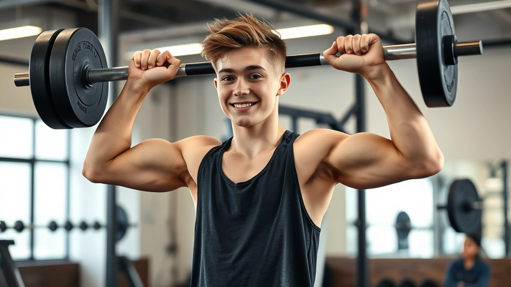 Teenage athlete performing strength training exercise with proper form, showing physical development and bone health, energetic and positive, indoor gym setting with natural confidence