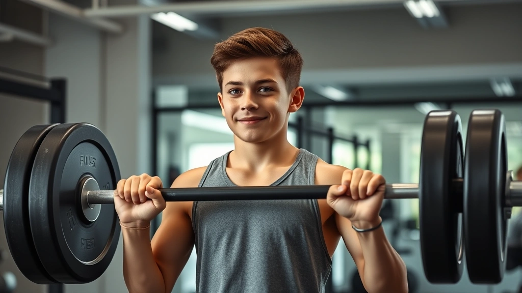 Athletic teenage boy performing proper weightlifting form with barbell in modern gym, focused expression, demonstrating technique-based training, natural lighting, motivational atmosphere