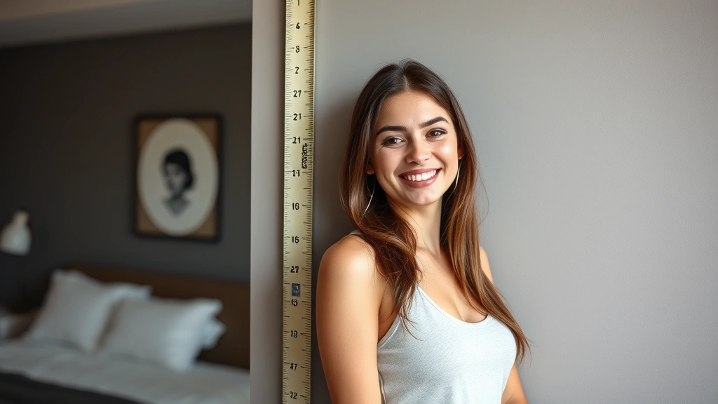 Young adult woman measuring height against wall with measuring tape, confident smile, modern bedroom background, representing skeletal maturity assessment and physical development completion