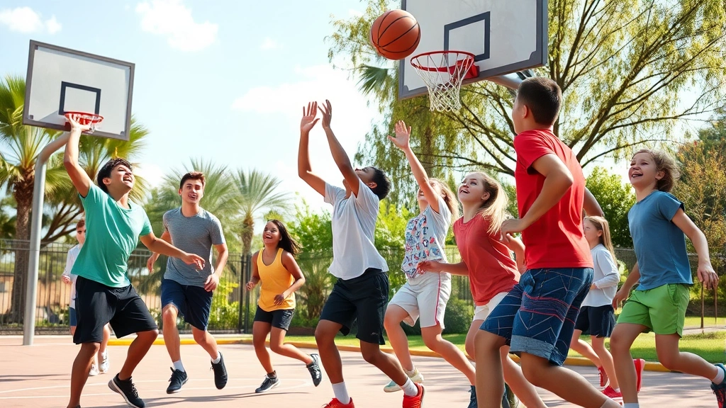 Diverse group of adolescents playing basketball outdoors on sunny day, various heights showing growth variation, dynamic movement, joyful expressions, natural athletic activity