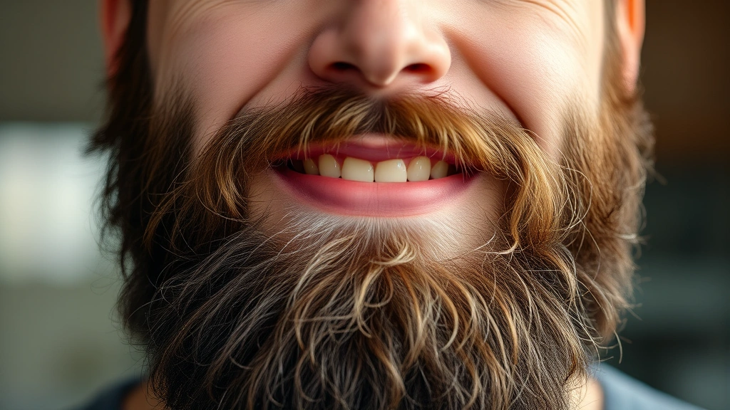 Close-up of a man with a full, healthy beard looking confident and satisfied, natural lighting, showing beard texture and density clearly, professional grooming appearance, no text or logos visible