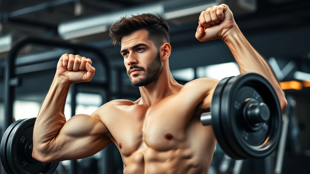 Man doing weightlifting exercises in a gym, focused expression, demonstrating strength training for hormone optimization, natural lighting, muscular physique, active lifestyle representation