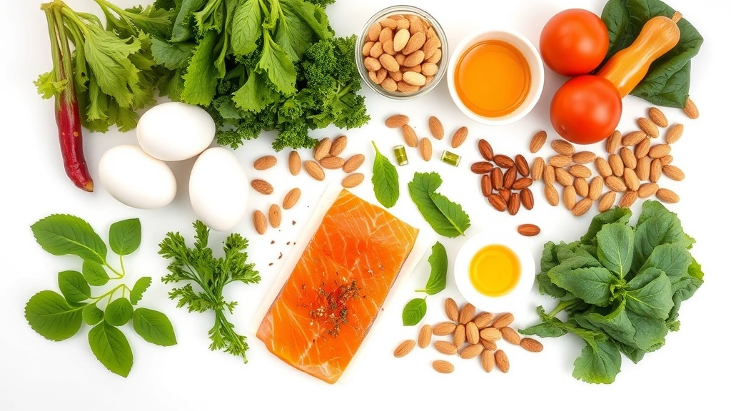 Overhead view of nutritious foods including salmon, eggs, nuts, leafy greens, and supplements arranged on a clean white surface, vibrant colors, healthy eating for hair growth, no packaging labels visible