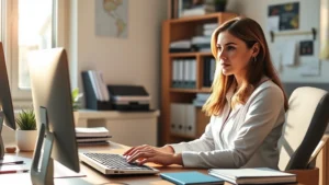 Professional woman sitting at organized desk with morning sunlight streaming through window, focused expression, hands on keyboard, productivity-focused workspace, no visible text or books