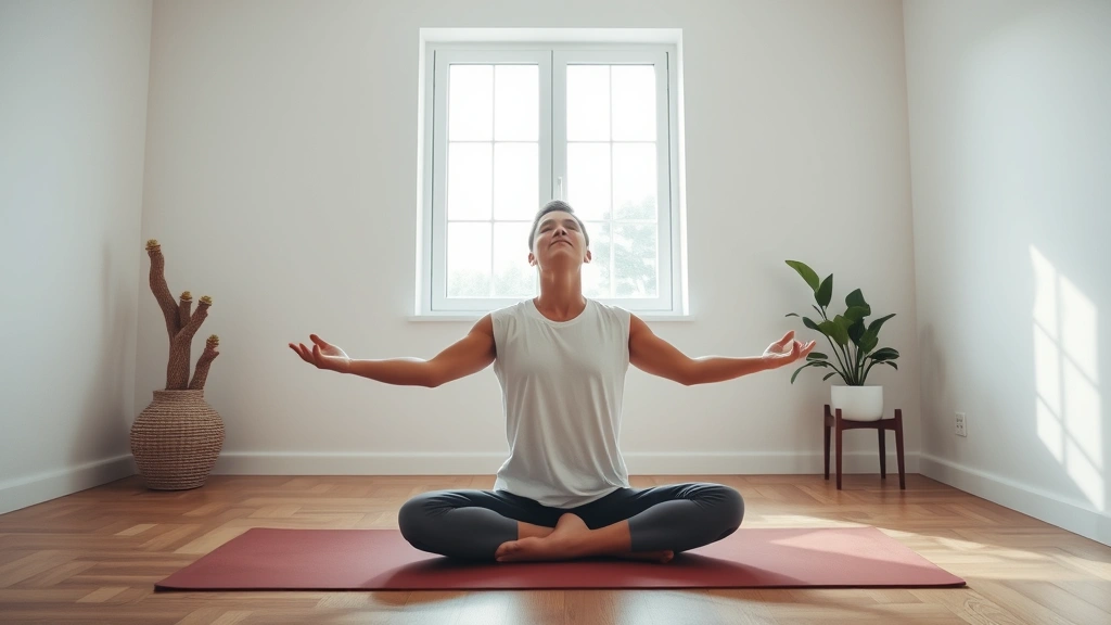 Person doing morning meditation on yoga mat in minimalist bedroom, peaceful expression, natural light from window, disciplined routine visualization, serene atmosphere