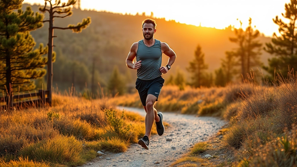 Man running on trail at sunrise with confident posture, athletic build, nature background, physical discipline embodiment, morning dedication, no fitness trackers visible