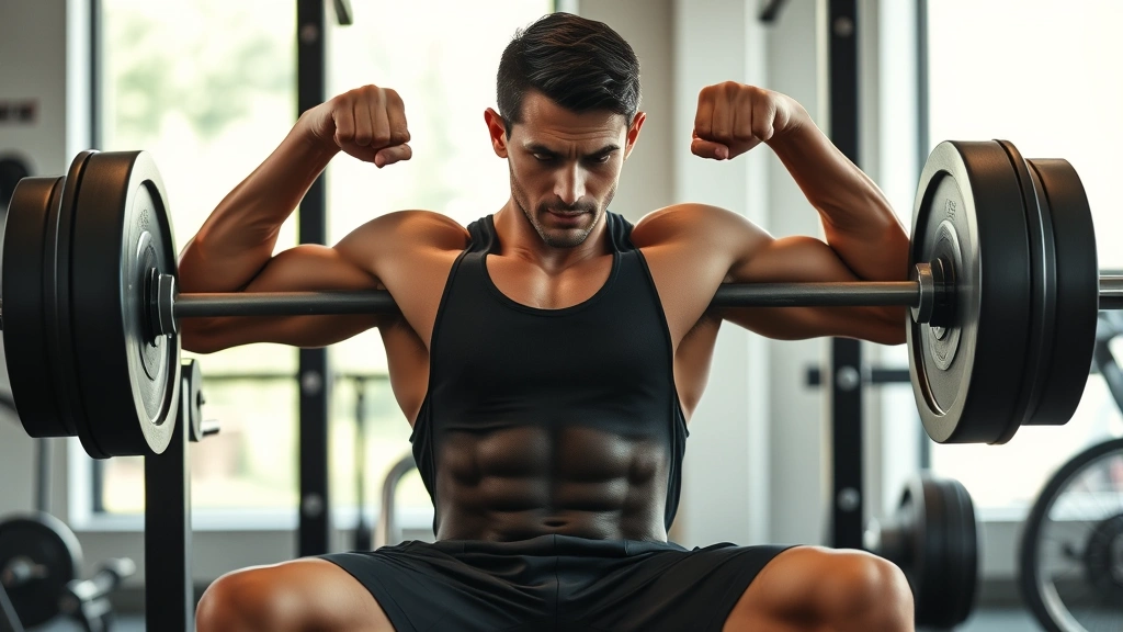 Fit athlete performing controlled barbell bench press with perfect form, confident expression, modern gym setting with bright natural lighting, emphasizing muscle engagement and concentration during heavy compound movement