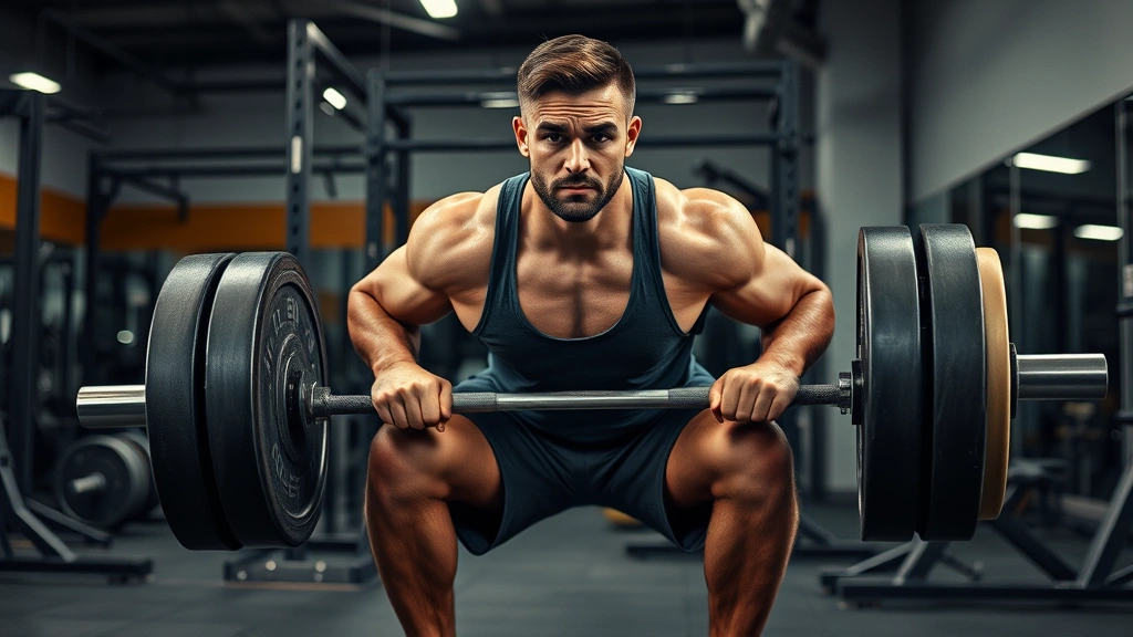 Strong person completing final reps of heavy barbell squat with explosive power, determined facial expression, proper form with depth, modern equipped gym with motivational atmosphere and clean lighting