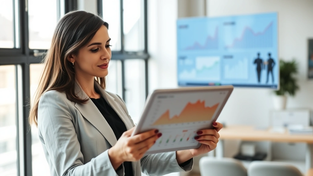 Professional woman analyzing growth charts on digital tablet, natural lighting from window, focused expression, modern office environment, data visualization visible on screen