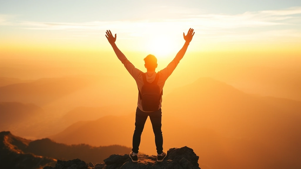 A person standing confidently on a mountain peak at sunrise, arms raised in celebration, looking out at a vast landscape, warm golden light illuminating their face, conveying achievement and personal strength
