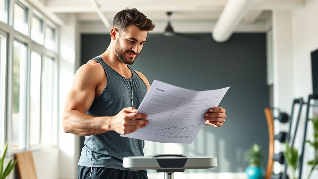 Man reviewing fitness progress notes while standing on scale in bright home gym, morning light, satisfied expression, athletic wear, healthy lifestyle setting