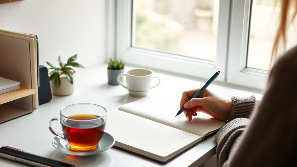 Someone writing in a journal at a clean desk with a cup of tea, natural window light, peaceful focused expression, capturing the practice of self-reflection and intentional personal growth