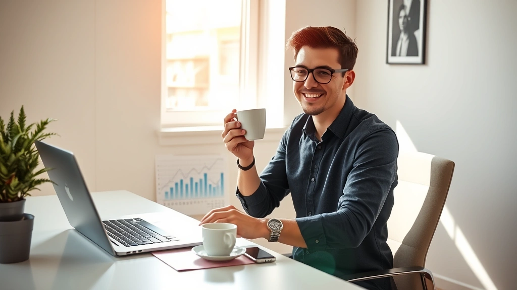 Young entrepreneur reviewing financial growth metrics on laptop with coffee, sitting at minimalist desk, sunlight streaming through window, positive body language, professional casual attire