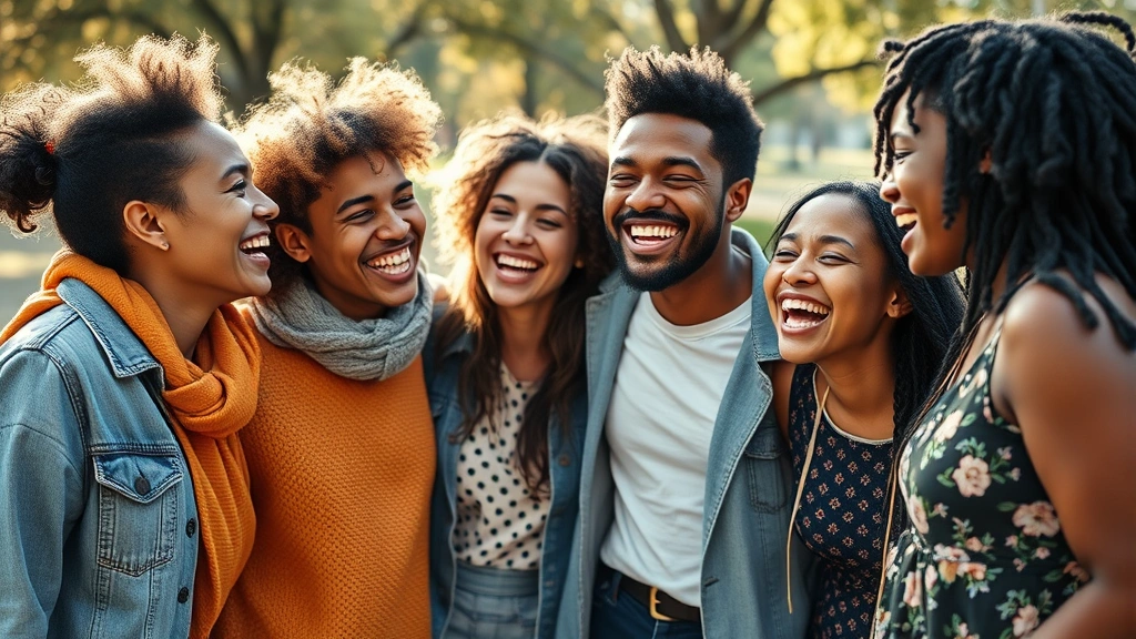 A diverse group of friends laughing together in a warm, genuine moment outdoors, authentic connection and positive relationships, natural lighting, representing supportive community and belonging