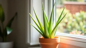 Bright, healthy aloe vera plant in terracotta pot on windowsill with natural sunlight streaming through, lush green leaves, professional home setting