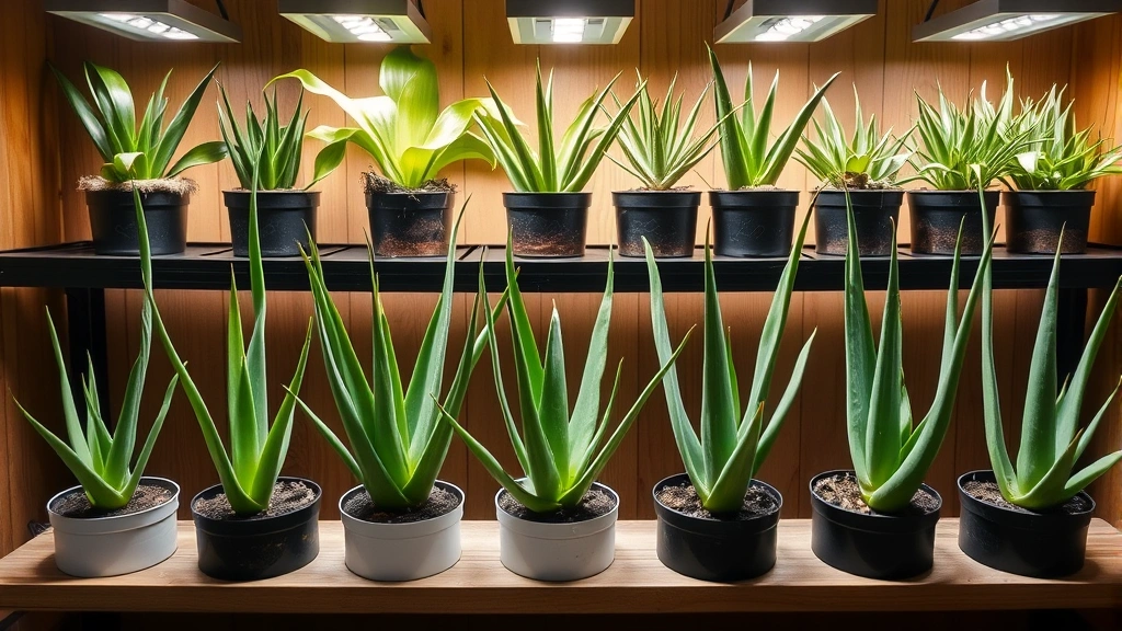 Multiple potted aloe vera plants at various growth stages displayed on wooden shelf with grow lights, showing propagation success and collection growth