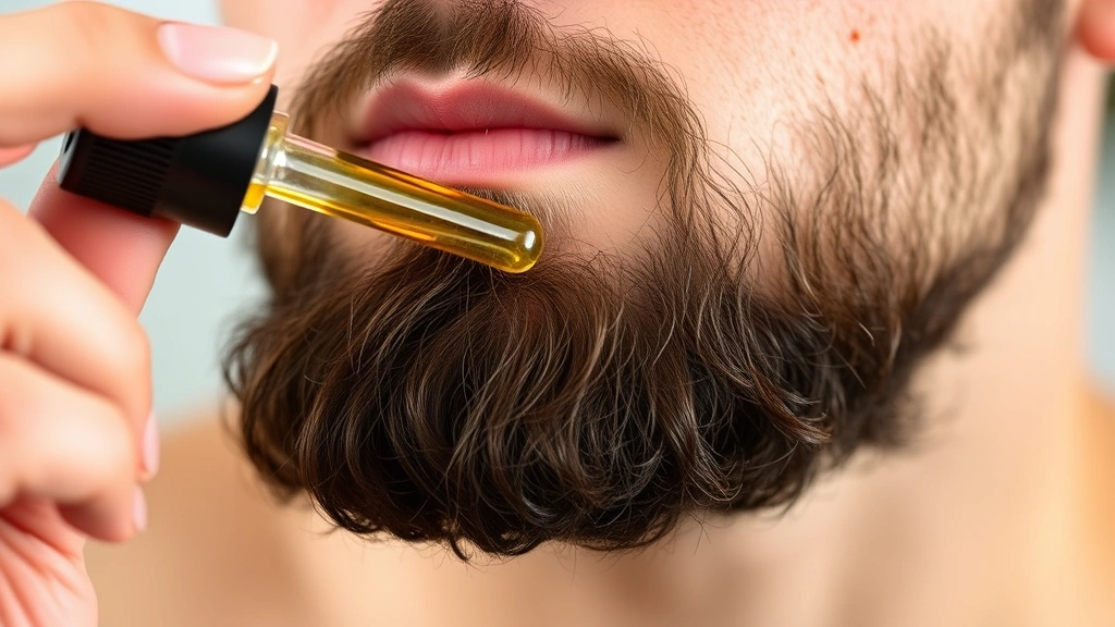 Close-up of man applying beard oil with dropper, grooming routine, professional beard care, clear skin visible, no text