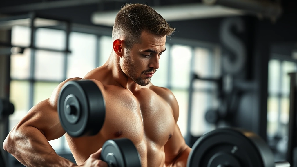 Man doing strength training exercise in gym, lifting weights, focused expression, muscular build, natural lighting, no text