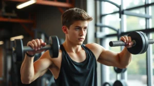 Teenager doing resistance training with proper form in gym, focused concentration, natural lighting, muscular development, strength building environment