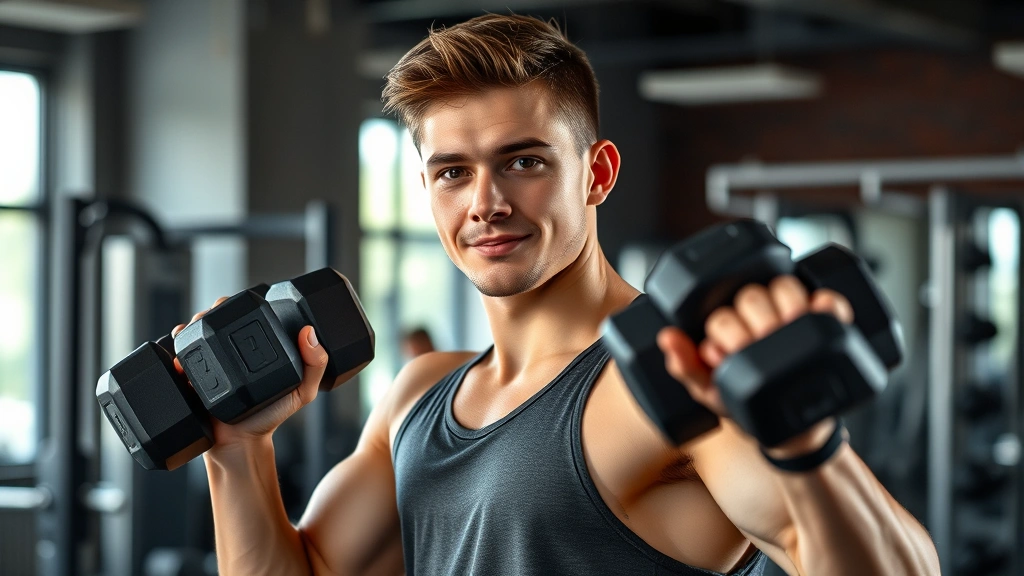 Young adult athlete in gym performing strength training with dumbbells, confident posture, natural lighting, professional athletic wear, focused expression demonstrating post-growth potential