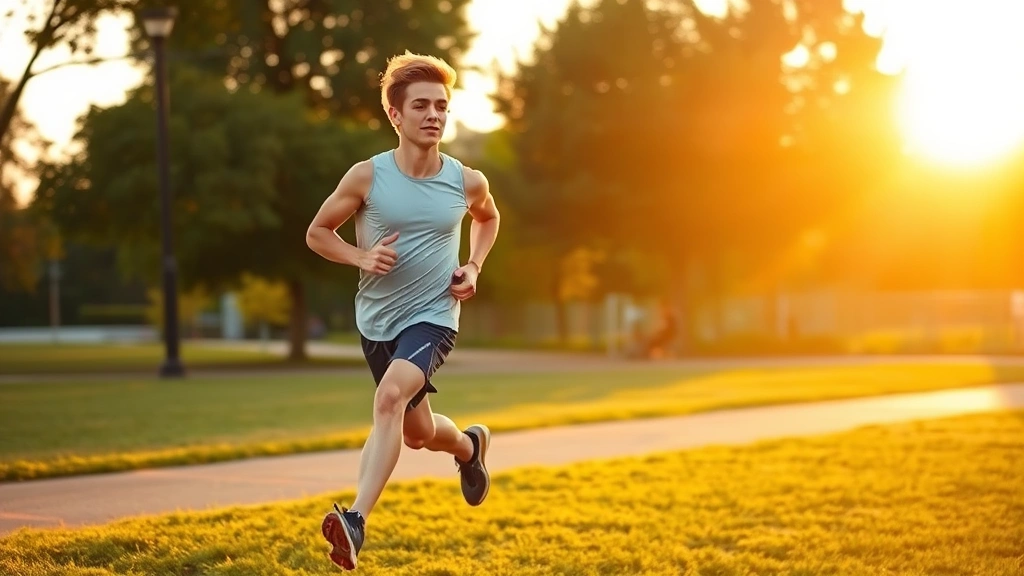 Teenage athlete running outdoors during golden hour, mid-stride with natural movement, healthy physique, outdoor park setting, motion captured naturally without any text or markers visible