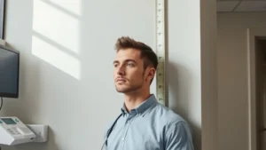 Young adult male measuring height against wall with measuring tape, professional medical office setting, natural lighting, focused and determined expression, modern healthcare environment