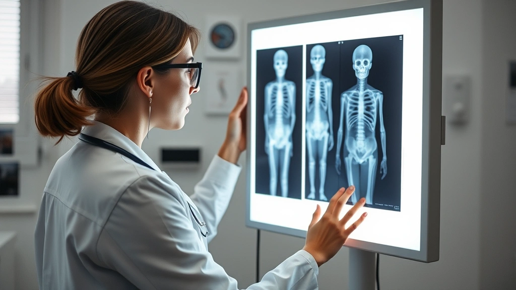 Female orthopedic doctor reviewing X-ray images on light box, examining skeletal radiographs with concentration, clinical laboratory setting, professional medical attire, detailed bone imaging visible