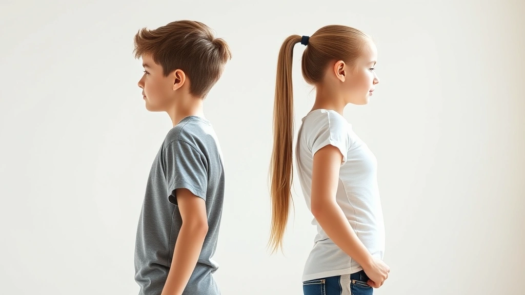 Teenage boy and girl standing back-to-back demonstrating posture correction, showing improved spinal alignment and skeletal positioning, bright natural light, healthy development focus, motivational atmosphere