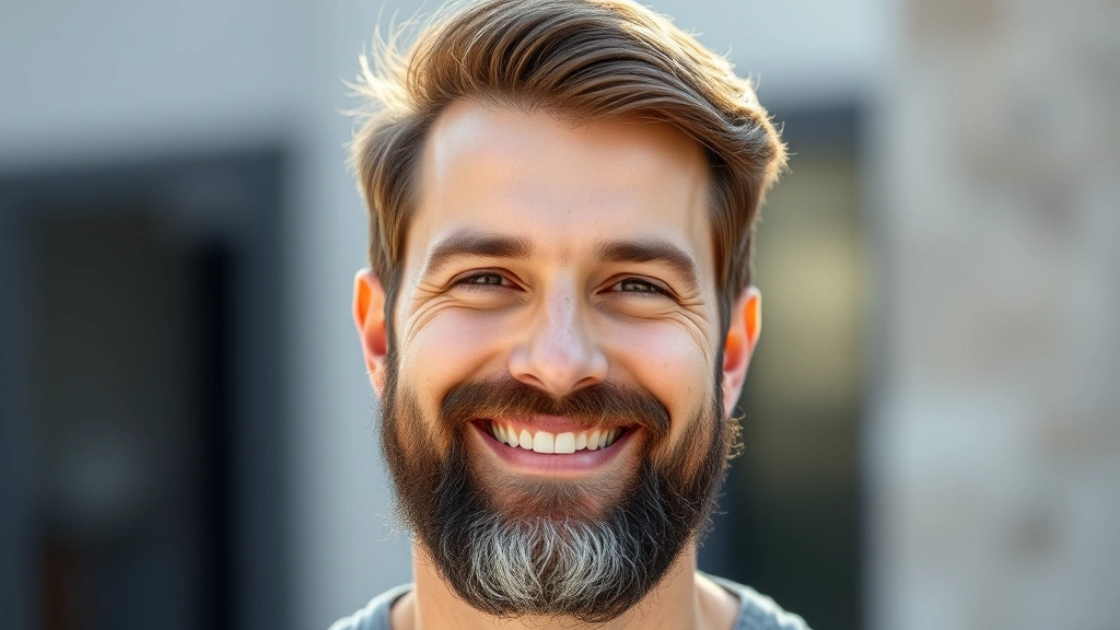 A confident man with a well-groomed, full beard smiling at the camera in natural daylight, showing healthy skin and facial hair texture
