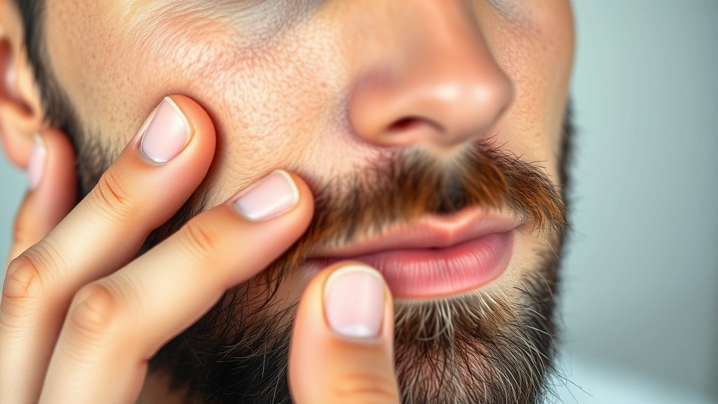 Close-up of a man performing a beard massage with fingertips on his cheeks and jawline, demonstrating proper technique with relaxed expression