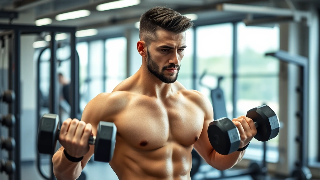 A fit man doing resistance training with dumbbells in a modern gym, showing strength and dedication to physical fitness and hormonal optimization