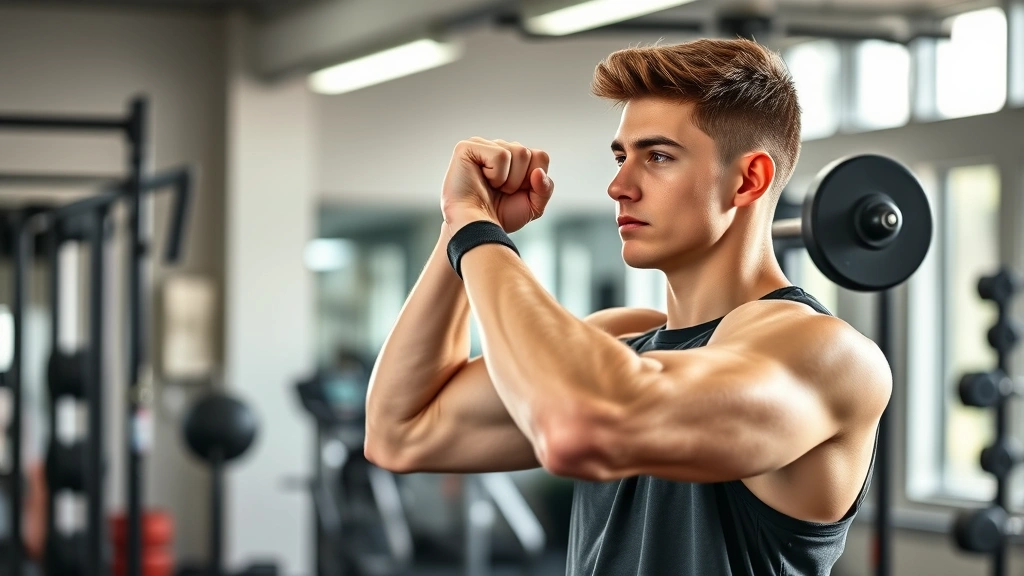 Young adult athlete performing strength training exercises with confident posture in a modern gym, natural lighting, focused expression showing physical capability and confidence after physical maturation