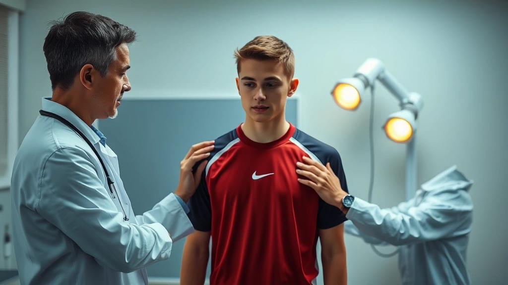 Young athlete in sports uniform during physical examination with doctor checking posture and development, clinical setting with warm lighting, focused on growth assessment