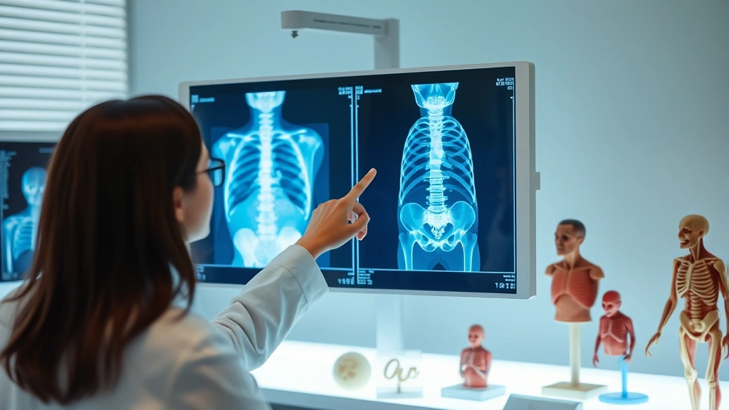 Doctor examining X-ray images on a light box, pointing to bone structure details, professional medical setting with anatomical models visible, demonstrating diagnostic expertise and clarity