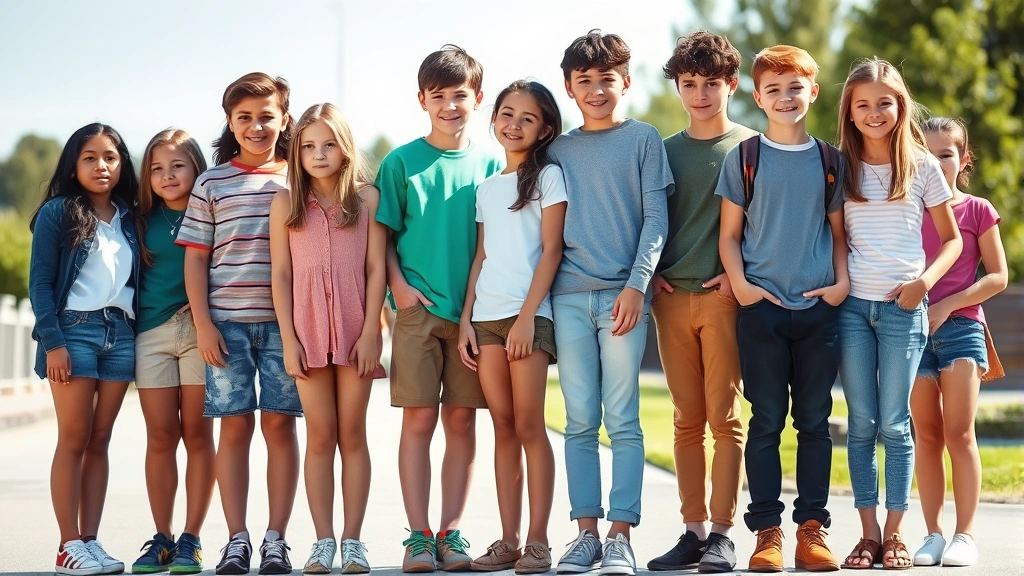 Diverse group of adolescents of various heights standing together outdoors, showing natural variation in development, healthy and confident postures, natural sunlight