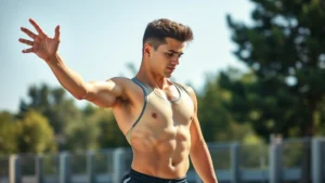 Young adult athlete stretching outdoors with confidence, showing mature skeletal development, natural sunlight, determined expression, athletic wear